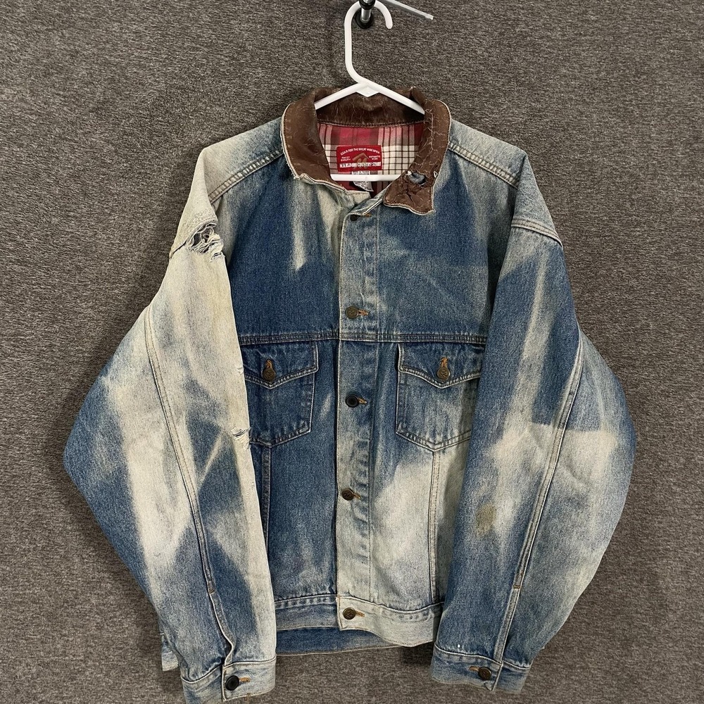 Vintage Marlboro Country Store Jacket Mens XL Blue Denim Bomber Plaid MCS 273